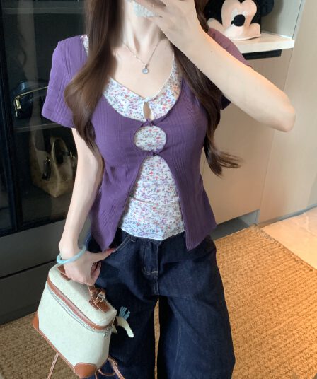 실사 빅 사이즈 여름 새로운 보라색 페이크 레이어드 꽃무늬 반팔 티셔츠 고급 센스 고유 한 아름다운 작은 맨위