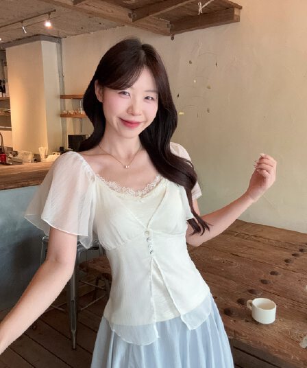 실사 빅 사이즈 여름 프랑스식 부드러운 분위기 센스 페이크 레이어드 레이스 망사 패치워크 작은 셔츠 몸매 가꾸기 맨위