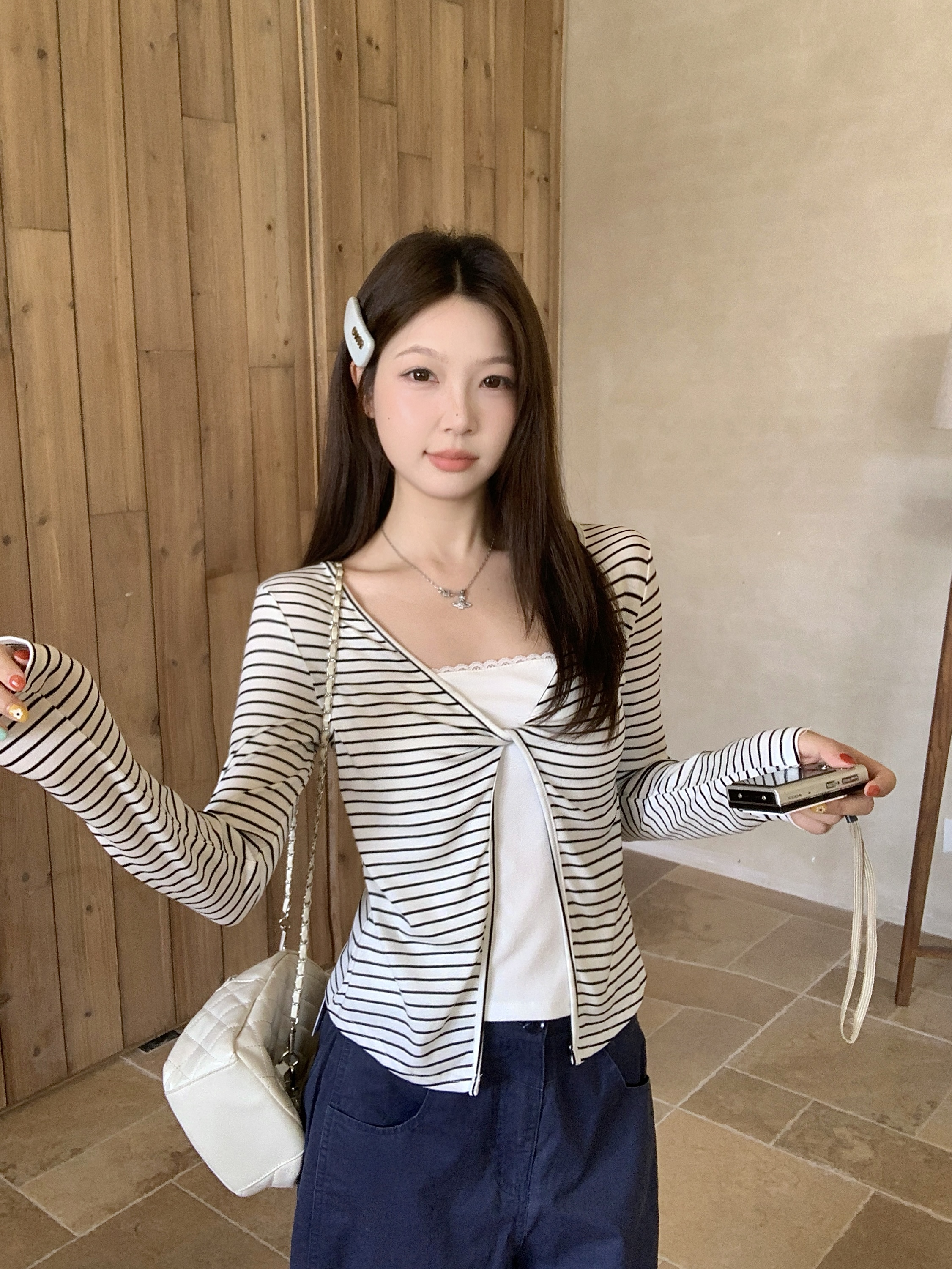 实拍 大码秋季新款韩系条纹假两件长袖T恤修身显瘦百搭上衣