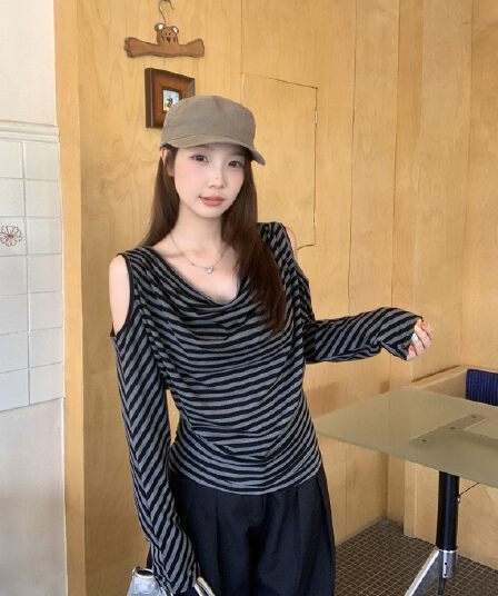 실사 빅 사이즈 가을 새로운 한 부서 느긋한 바람 흔들다 칼라 오프숄더 긴팔 티셔츠 슬림해 보이는 다용도 맨위