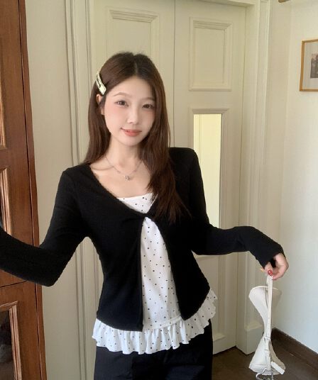 실사 빅 사이즈 통통한 여동생 한국 스타일 디자인 센스 페이크 레이어드 비틀림 레이스 긴팔 티셔츠 작은 대중 다용도 맨위