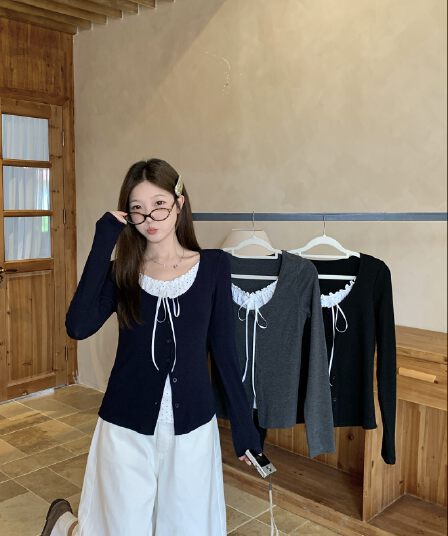실사 빅 사이즈 가을 새로운 한 부서 도트 무늬 레이스업 페이크 레이어드 긴팔 티셔츠 몸매 가꾸기 슬림해 보이는 다용도 맨위