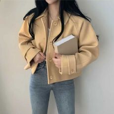 批发小个子毛呢外套女chic法式温柔显白翻领单排扣宽松设计感别致上衣