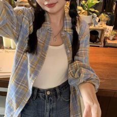 批发多巴胺轻奢高级纯棉格子<b class='q'>衬衫</b>女内搭叠穿宽松休闲显瘦长袖<b class='q'>衬衣</b>外穿