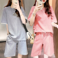 批发501#200斤大码<b class='q'>休闲</b>运动套装女夏韩版时尚宽松短袖五分中裤两件套