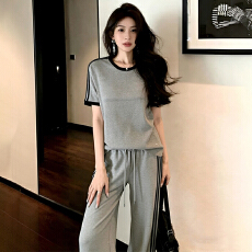 索罗娜 运动风撞色短袖T恤阔腿裤女夏季新款时尚减龄显瘦两件套