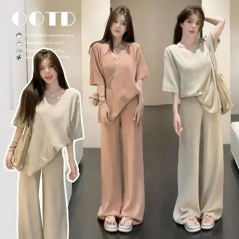 여름 새로운 빅 사이즈 루즈핏 슬림해 보이는 V넥 반팔 맨위 스트레이트 넓은 다리 한 부서 투피스 세트 트렌디 938