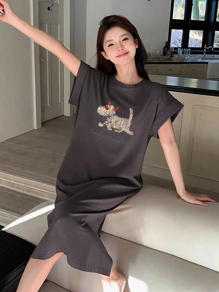 재미있는 프린트 한국 스타일 ins 스트레이트 치마 다용도 반팔 드레스 Feifei 소매
