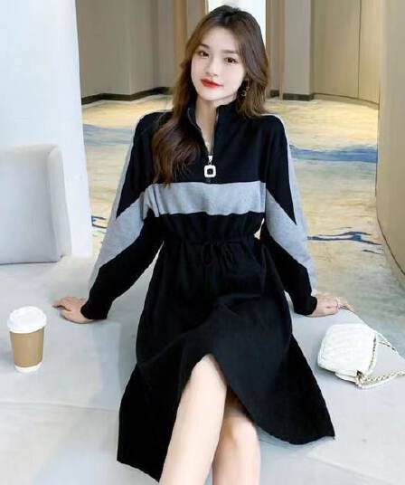 가을 겨울 드레스 새로운 반 개방 칼라 지퍼 허리 수축 치마 숙녀 바람 루즈핏 표지 배 패치워크 색상 롱 코트 기본 스커트