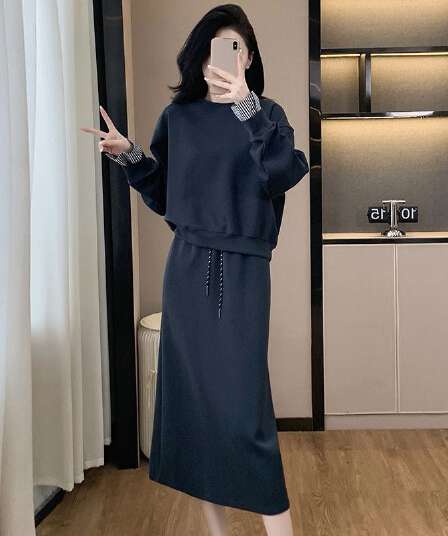 빛 럭셔리 고급 센스 캐주얼 세트 여성 봄 가을 루즈핏 긴팔 운동 후드티 품격 반신 스커트 투피스 세트