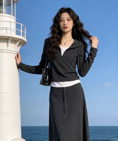 2026 새로운 가을 패션 캐주얼 허리 수축 페이크 레이어드 후드 맨위 세트 여성 슬림해 보이는 반신 스커트 투피스 세트