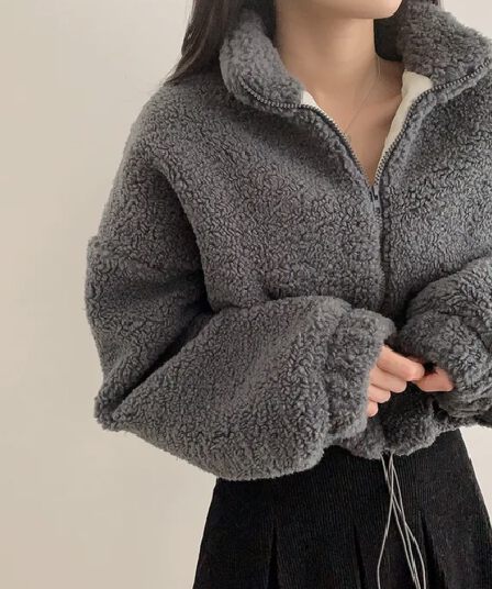 한국 chic 가을 겨울 새로운 품격 스탠드 칼라 당겨서 사슬 플리스 플러시 디자인 센스 다용도 쇼트 스타일 면 옷 여성 코트