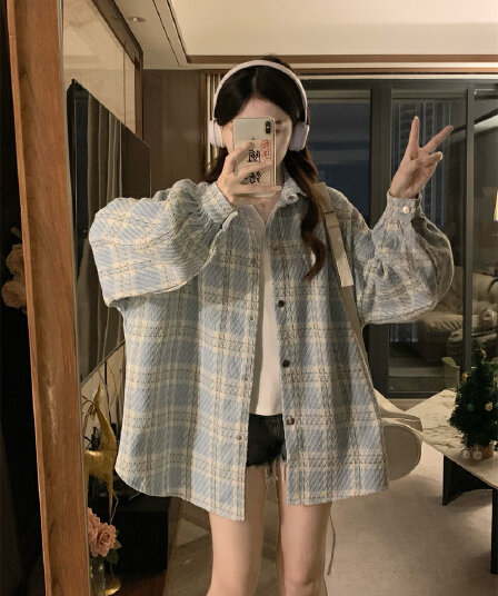 실사 빅 사이즈 봄 드레스 두꺼운 격자 무늬 셔츠 여성 코트 루즈핏 느긋한 바람 슬림해 보이는 고급 센스 POLO 칼라 맨위
