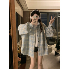 批发实拍大码春装加厚格子衬衫外套女宽松慵懒风显瘦高级感polo领上衣