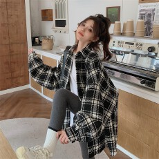 批发实拍大码oversize春装格子衬衫外套女加厚宽松慵懒风中长款衬衣