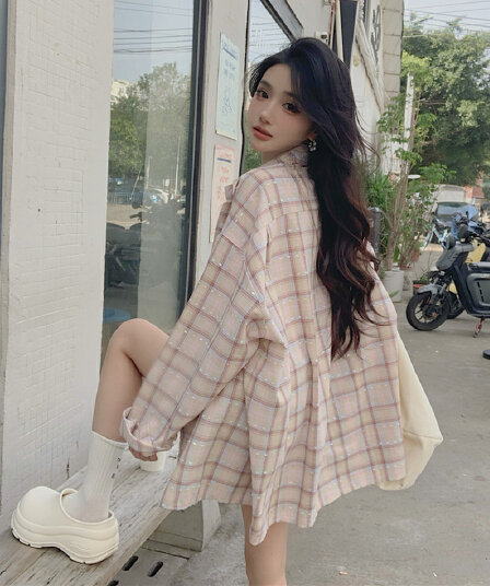 실사 빅 사이즈 2026 봄 드레스 새로운 한 부서 핑크색 격자 무늬 셔츠 여성 코트 루즈핏 긴팔 느긋한 바람 맨위