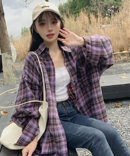 실사 빅 사이즈 봄 드레스 아메리칸 격자 무늬 셔츠 여성 코트 느긋한 바람 맨위 체크무늬 레트로 캐주얼 셔츠
