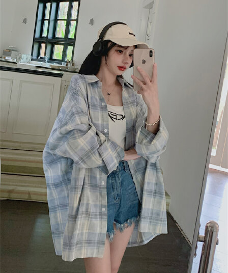 실사 빅 사이즈 봄 드레스 홍콩 느낌 레트로 체크무늬 POLO 칼라 셔츠 여성 의류 중간 길이 루즈핏 외부 잡아라. 의류