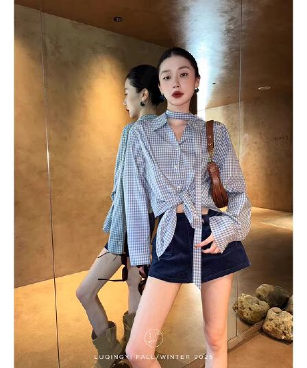 레트로 격자 무늬 셔츠 맨위 여성 봄 가을 가을 어깨 디자인 센스 캐주얼 셔츠 여성