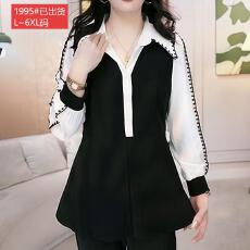 批发官图原版品质高档大码女装假两件上衣翻领撞色时尚宽松显瘦上衣<b class='q'>春</b>