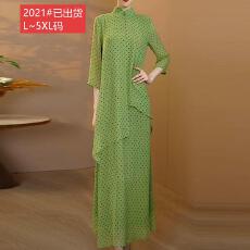 批发官图原版品质高档大码女装新中式绿色波点高档连衣裙遮肉系带显瘦