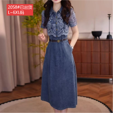 批发官图原版品质高档大码女装设计感蕾丝拼接牛仔<b class='q'>连衣裙</b>夏季洋气显瘦