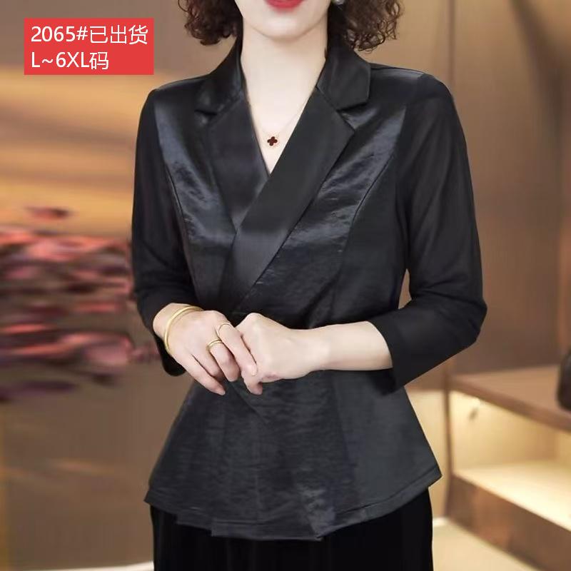 경관 그림 원본 품질 고급 빅 사이즈 여성 의류 품격 우아함 엄마 정장 칼라 셔츠 여름 새로운 표지 고기 맨위