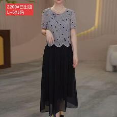 批发官图原版品质高档大码女装轻奢高级感灰色波点假两件淑女连衣裙夏