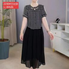 批发官图原版品质高档大码<b class='q'>女装</b>简约黑白格纹镂空领假两件网纱连衣裙夏