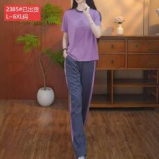 批发官图原版品质高档大码<b class='q'>女装</b>紫灰拼接圆领短袖阔腿长裤舒适运动<b class='q'>套装</b>