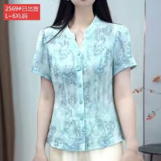 批发官图原版品质高档大码女装<b class='q'>贵</b><b class='q'>夫人</b>浅蓝色印花小衫大码短袖宽松上衣