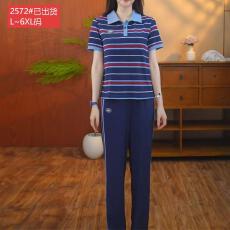 批发官图原版品质高档<b class='q'>大码</b>女装经典条纹翻领短袖上衣阔腿裤运动两件套
