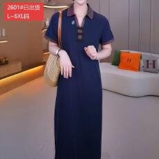 批发官图原版品质高档<b class='q'>大码</b>女装藏蓝翻领盘扣装饰短袖宽松休闲连衣裙夏