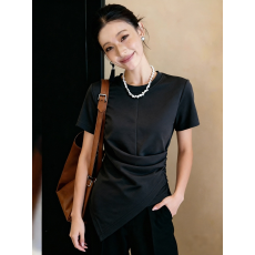 批发2026夏季新款法式收腰修身不规则设计圆领短袖<b class='q'>T</b><b class='q'>恤</b>女