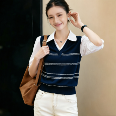 批发2026夏季新款韩系减龄polo领拼接假两件针织七分袖上衣女