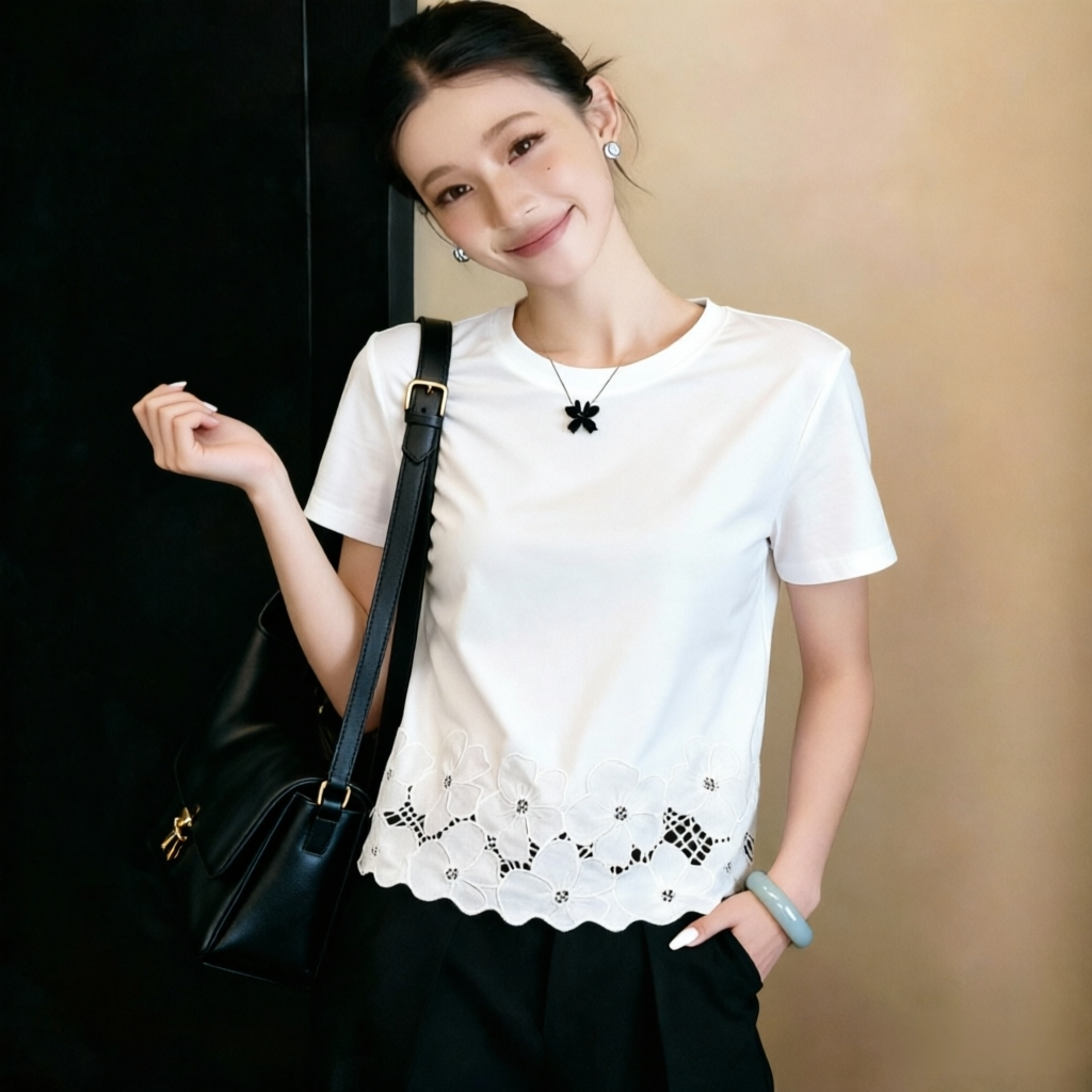 RY1815# 2026夏季新款法式蕾丝花边下摆拼接圆领显瘦纯色短袖T恤上...