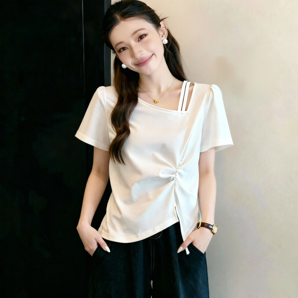 RY1814# 2026夏季新款不规则褶皱设计收腰遮肚独特白色短袖T恤上衣...