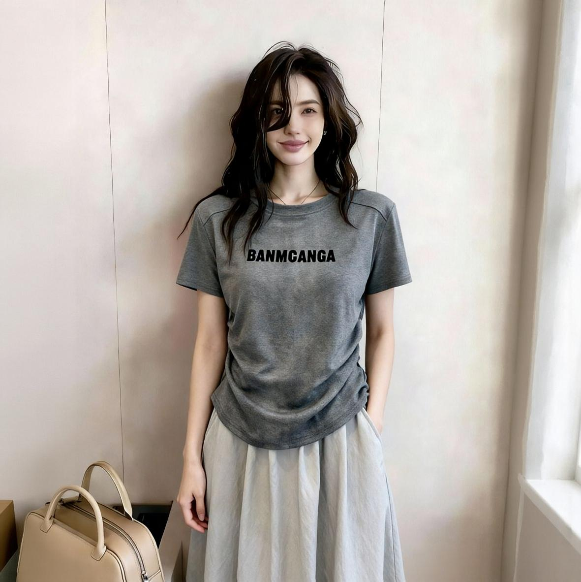 있음 선적 2026 여름 새로운 밑단 허리 수축 몸매 가꾸기 한국 스타일 영어 알파벳 라운드 넥 반팔 티셔츠 맨위 여성