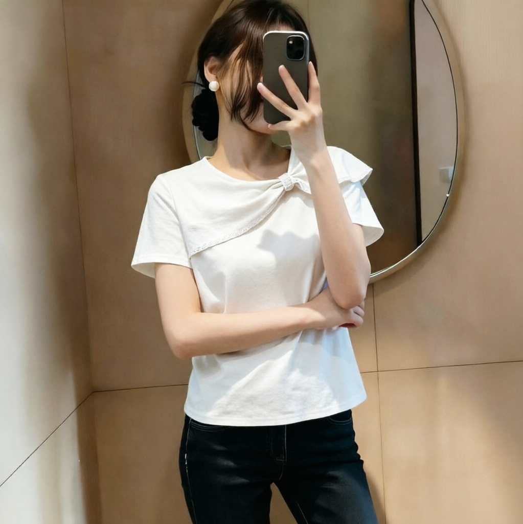 실사 있음 선적 2026 여름 새로운 외국 가스 한국 스타일 비틀림 다이아몬드 세팅 작은 대중 패션 연령 감소 티셔츠 맨위