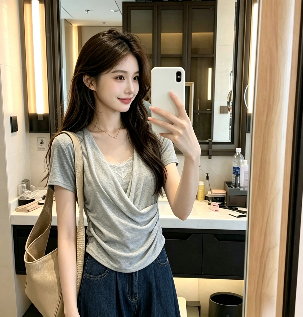 실사 있음 선적 2026 여름 새로운 순수한 욕망 바람 십자가 디자인 반팔 슬립 페이크 레이어드 반팔 맨위