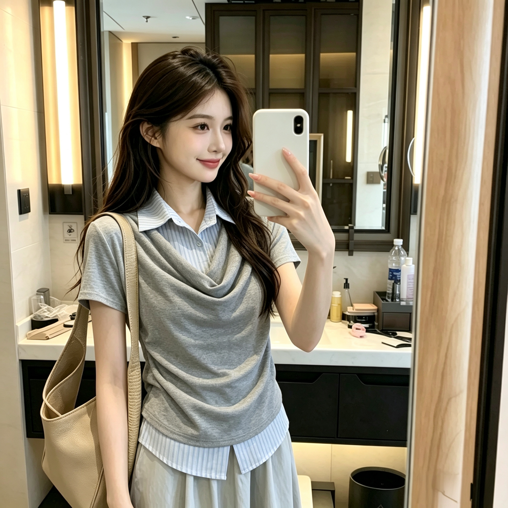 실사 있음 선적 2026 여름 새로운 한 부서 느긋한 바람 세로 줄무늬 페이크 레이어드 셔츠 반팔 슬림해 보이는 맨위