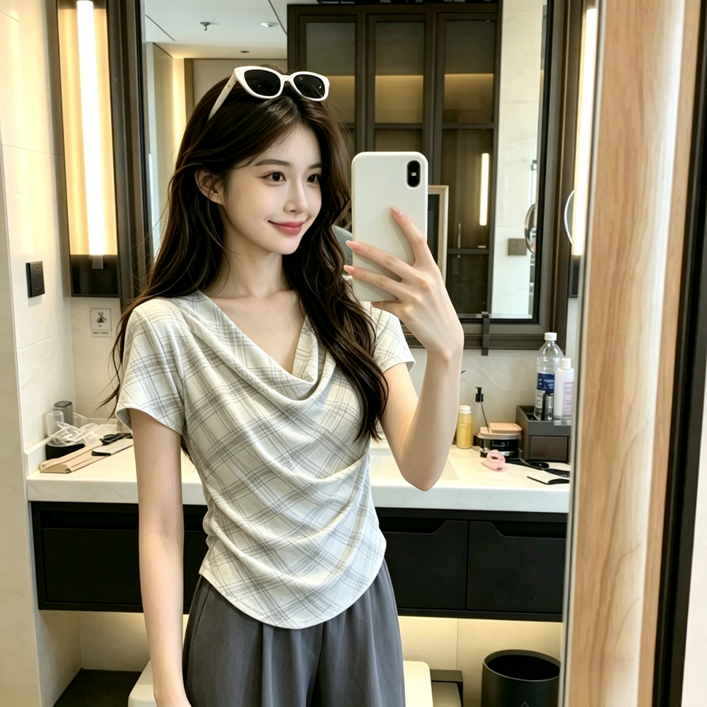 실사 있음 선적 2026 여름 새로운 흔들다 칼라 배색 체크무늬 연령 감소 허리 수축 주름 부드러운 달콤한 스타일 맨위