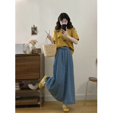 批发实拍新款蝴蝶结短袖上衣搭配碎花牛仔半身裙时尚韩系小清新套装女