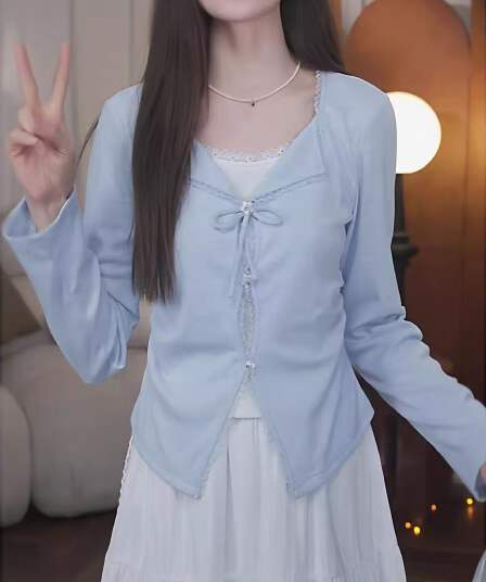 빅 사이즈 디자인 센스 페이크 레이어드 나비 넥타이 긴팔 티셔츠 여성 2026 새로운 표지 고기 슬림해 보이는 파란색 맨위