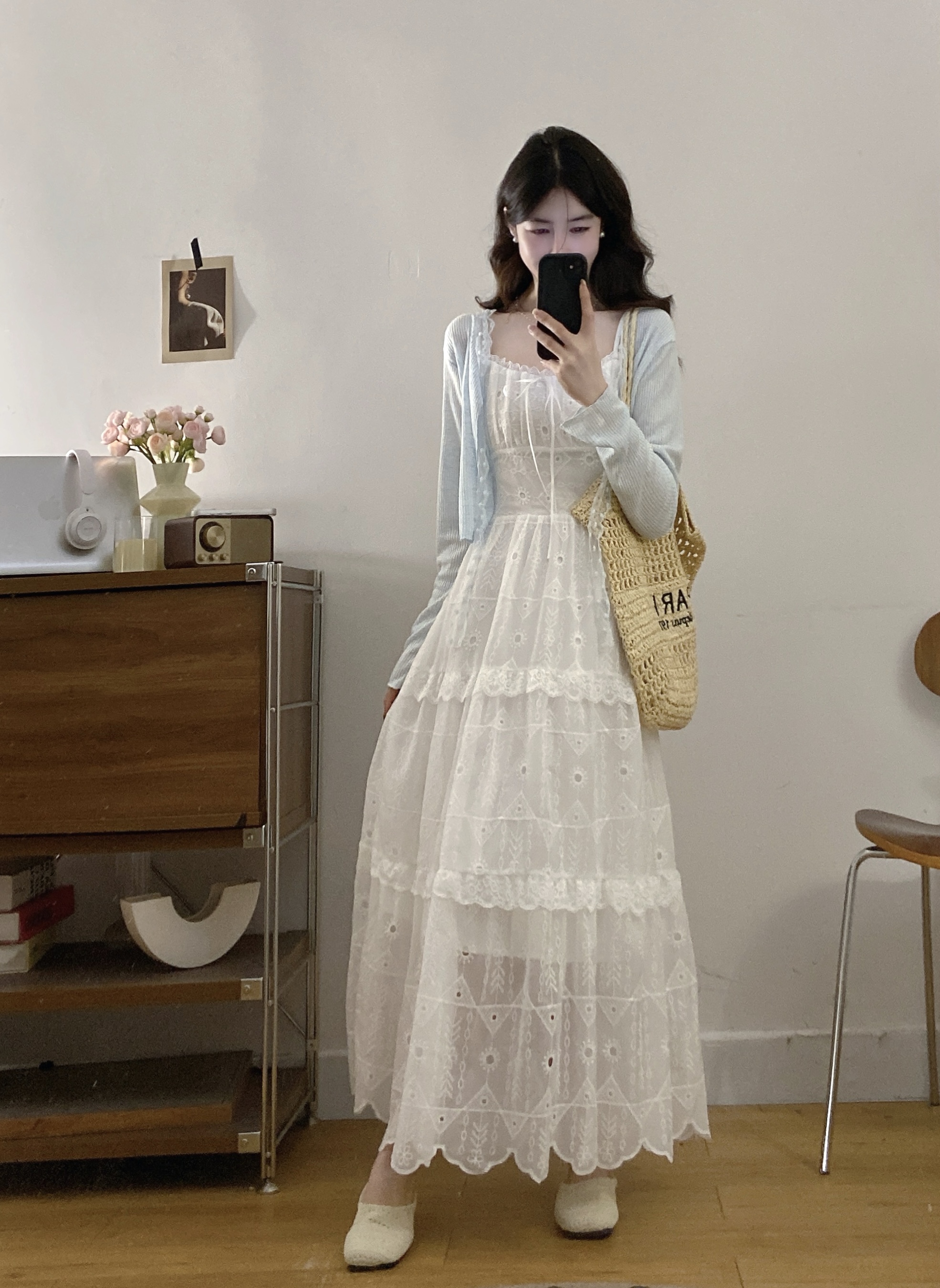 실사 빅 사이즈 부드러운 바람 레이스 자수 슬립 드레스 여성 지방 mm 여름 스택 착용 휴가 니트 오픈 가디건 투피스 세트