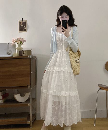 실사 빅 사이즈 부드러운 바람 레이스 자수 슬립 드레스 여성 지방 mm 여름 스택 착용 휴가 니트 오픈 가디건 투피스 세트