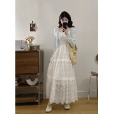 批发实拍大码温柔风蕾丝刺绣吊带裙女胖MM夏季叠穿度假针织开衫两件套