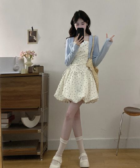 실사 달콤함 귀여운 소녀 꽃무늬 스트랩 여성 드레스 여름 새로운 쇼트 스타일 자외선 차단 오픈 가디건 투피스 슈트