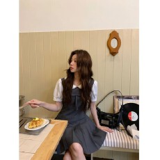 批发Even一雯M1U系小韩系高智感假两件<b class='q'>连衣裙</b>夏收腰显瘦百褶短裙