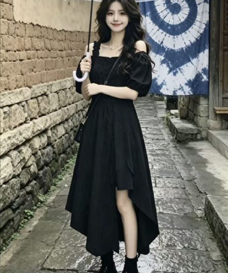빅 사이즈 프랑스식 그는 벤 바람이 아닙니다. 규칙 오프숄더 드레스 여름 마이크로 지방 mm 허리 수축 슬림해 보이는 레이스 슬립 작은 검은 드레스